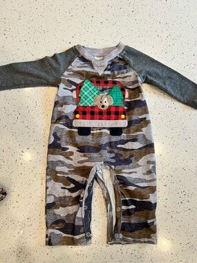 Camo Baby Romper with Buffalo Plaid Truck & Trees